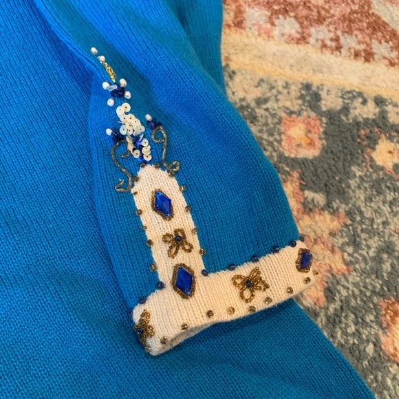 Storybook Knits Ramie & Cotton Blue White Beaded Jeweled Button Down Cardigan 2X - Picture 5 of 9